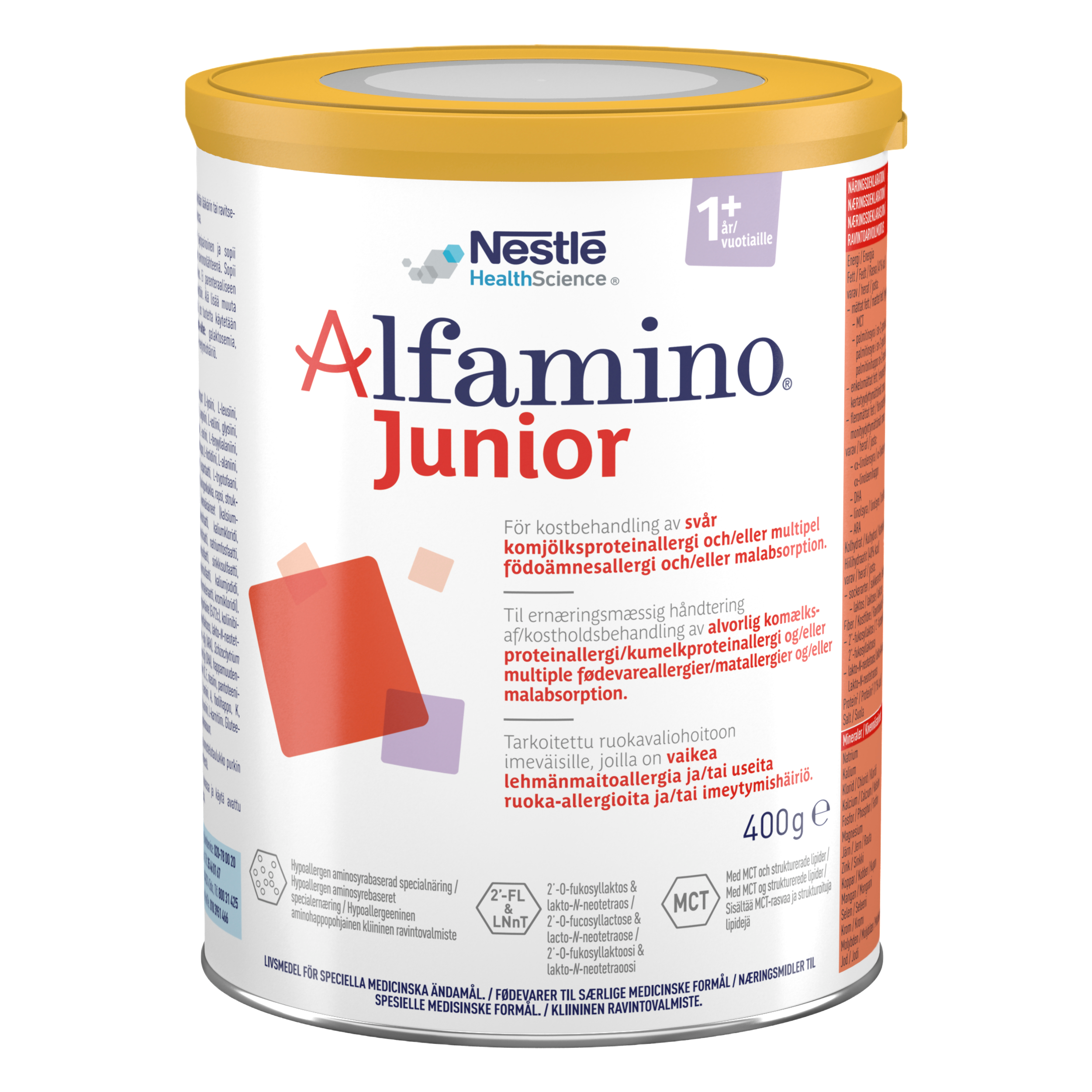 A can of Alfamino Junior HMO formula for children over 1 year old with food allergies, developed by Nestlé Health Science.