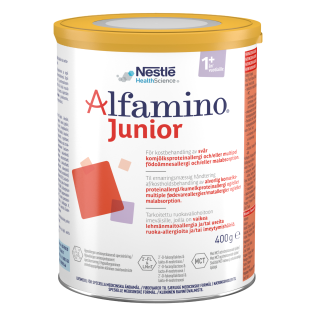 A can of Alfamino Junior HMO formula for children over 1 year old with food allergies, developed by Nestlé Health Science.